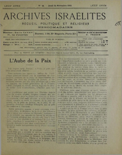 Archives israélites de France. Vol.79 N°46 (14 nov. 1918)